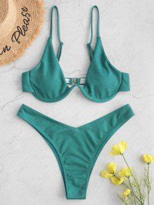 Off Popular Zaful Ribbed High Leg Underwire Bikini Swimsuit In Sea Turtle Green Zaful