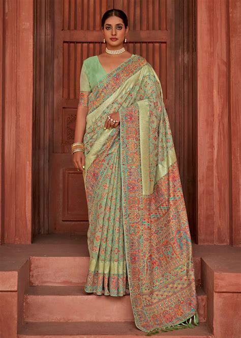 Pastel Green Kashmiri Jamawar Woven Pashmina Silk Saree Urban Womania