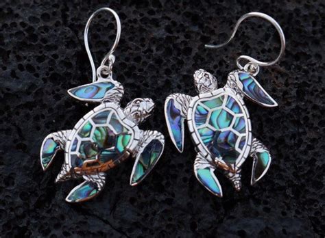 Green Sea Turtle Earrings Hawaiian Honu Aumakua Abalone Paua Shell