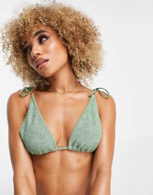 Asos Design Mix And Match Crinkle Bikini Set In Khaki Asos