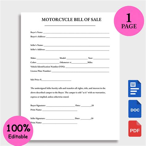 EDITABLE Simple MOTORCYCLE Bill of Sale Template Google Docs Word Pdf