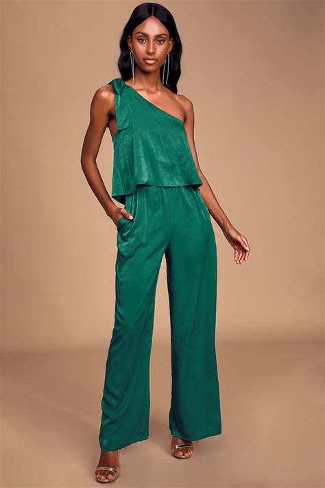 Sexy Green Jumpsuit Satin Jumpsuit One Shoulder Jumpsuit Lulus