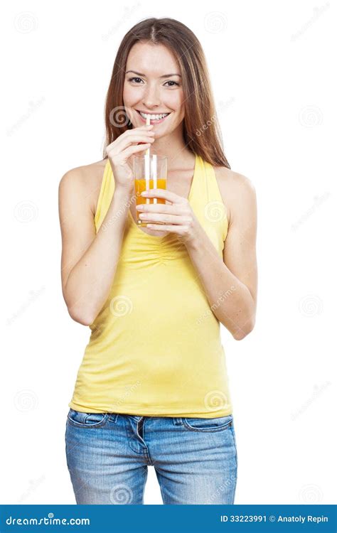 Beautiful Brunette Woman Holding Glass Of Juice Stock Image Image Of Fresh Drink