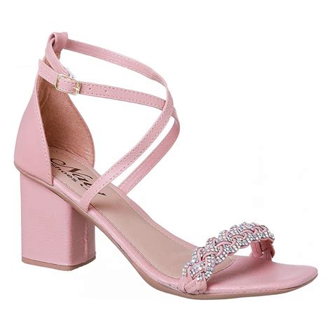 Sandália Feminina Nude Salto Alto Grosso Casual Strass Trazeiro Fechado Trançada Pedraria Naty