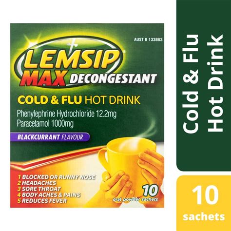 Lemsip Max Decongestant Cold Flu Hot Drink 10 Sachets Blackcurrant Discount Chemist