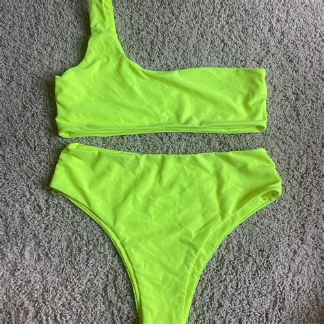 Neon One Shoulder Bikini With High Waisted Bottoms Depop