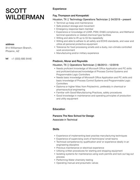 Operations Technician Resume Samples | Velvet Jobs