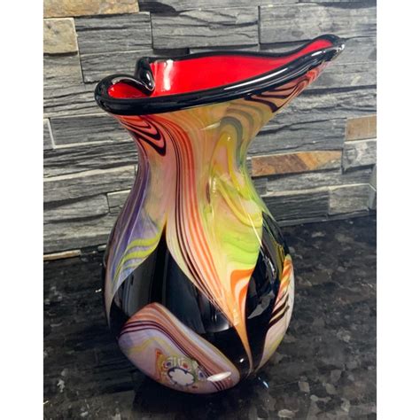 Red And Black Multicolor Swirl Exterior Art Glass Vase Chairish