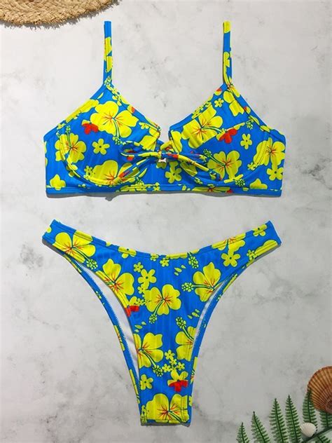 Emmiol Free Shipping Hibiscus Print Underwire Bikini Set Blue M In Bikini Sets Online Store