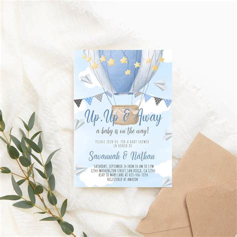 Editable Hot Air Balloon Baby Shower Invitation Blue Hot Air Etsy UK
