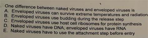 Solved One Difference Between Naked Viruses And Enveloped Chegg