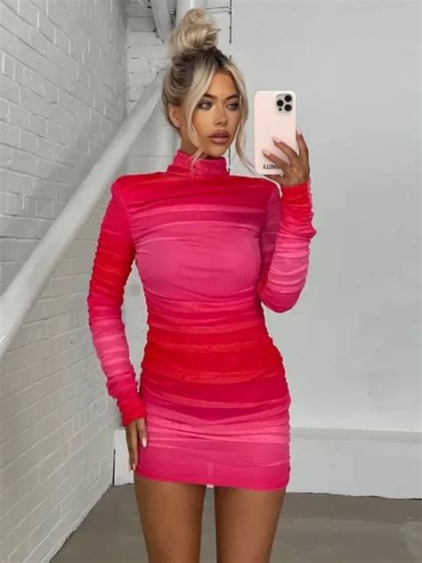 Turtleneck Long Sleeve Ruched Mini Dress Miggon