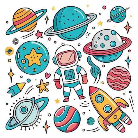 123 Colorful Space Illustration Planets Astronaut Rocket Stars Stock