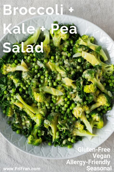 Broccoli And Kale Pea Salad On A White Plate With Text Overlay