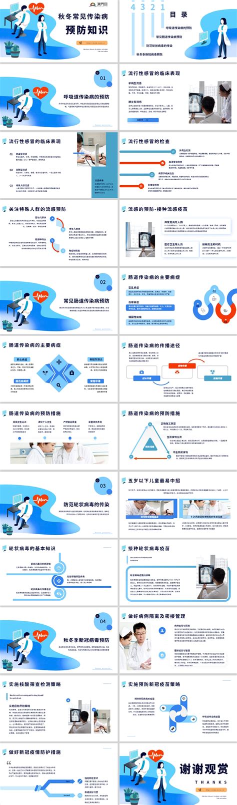 【预防知识ppt模板】蓝色插画风秋冬季常见传染病预防知识ppt模板下载 演界网