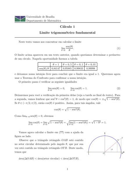 Pdf Calculo Limite Trigonometrico Fundamental Mat Unb Brmat Unb