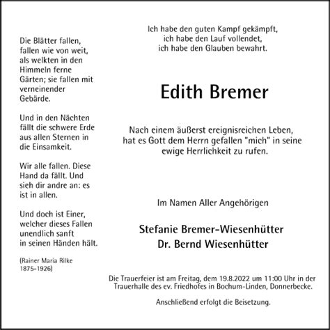 Traueranzeigen Von Edith Bremer Trauer In Nrw De