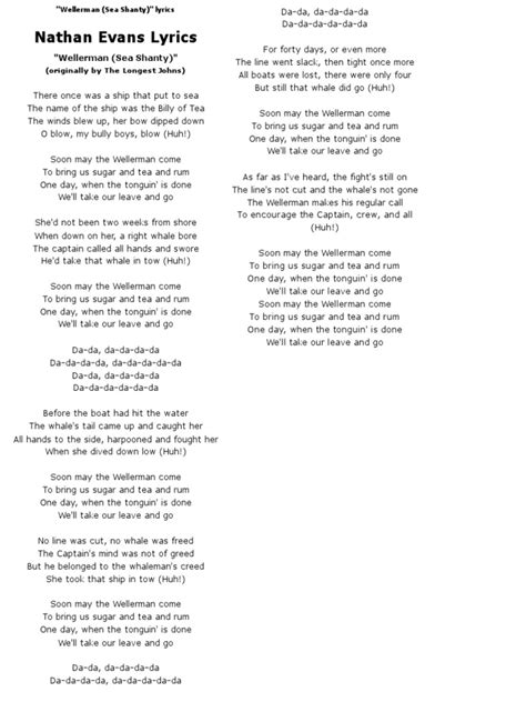 Nathan Evans Wellerman Sea Shanty Lyrics Pdf Ships Water