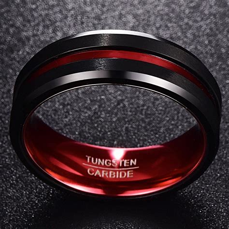 Nuncad Tungsten Carbide Wedding Band Ring Thin Red Line Beveled Matte