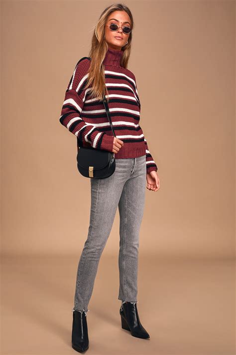 Cute Burgundy Sweater Striped Sweater Turtleneck Sweater Lulus