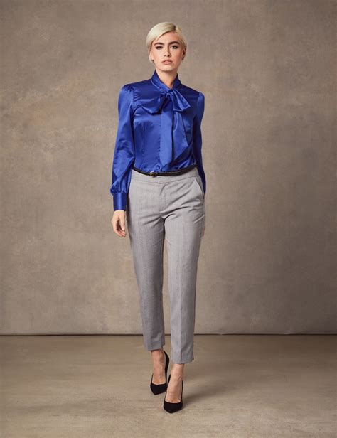 Womens Blue Fitted Luxury Satin Blouse Pussy Bow Hawes And Curtis