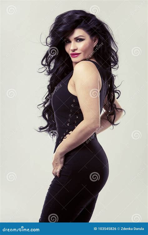 Brunette Wearing Black Bodysuit Stock Photo Image Of Fashion Lipstick 103545826