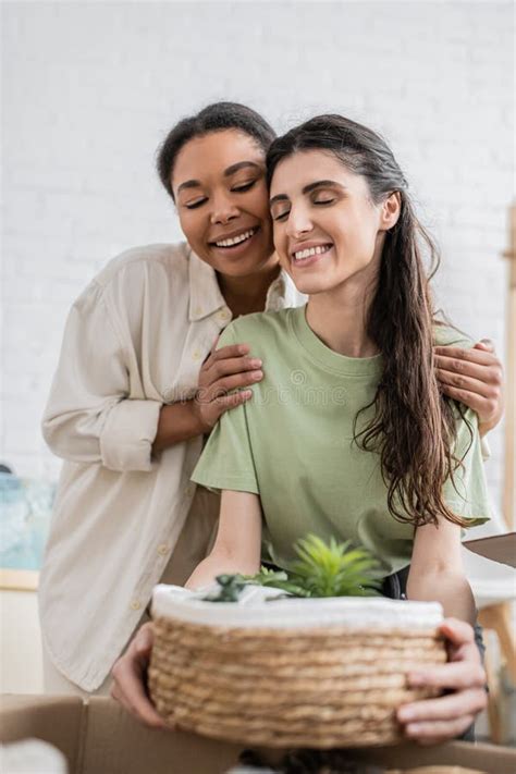 Joyful Multiracial Woman Hugging Shoulders Of Stock Image Image Of Caucasian Lesbian