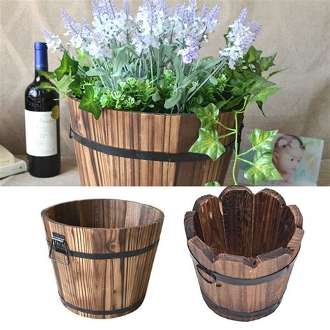 New Carbonized Wooden Barrel Flower Pot Wavy Edge Garden Decor