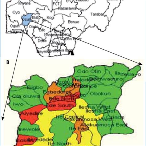 a: Map of Nigeria, showing the location of Osun State b: Osun State ...