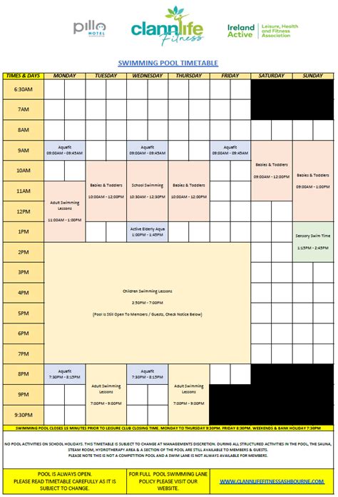 Swimming Pool Timetable - Clannlife Fitness
