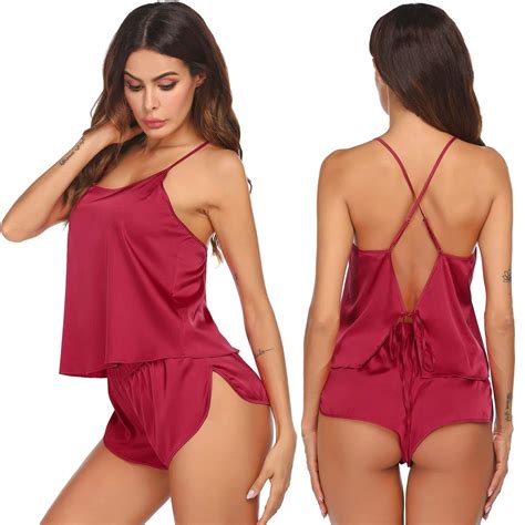 Ekouaer Silk Pajamas Set For Women Satin Backless Lingerie Pjs Cami Top And Shorts Nightwear