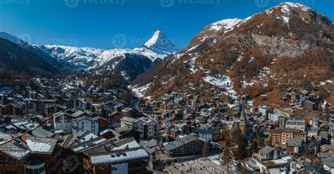 Aerial view on Zermatt Valley town and Matterhorn Peak in the