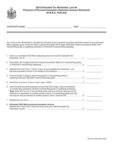 Maine Phaseout Of Personal Exemption Deduction Amount Worksheet