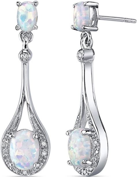 Peora Created White Fire Opal Dangle Earrings 925 Sterling Silver Halo Drop Oval