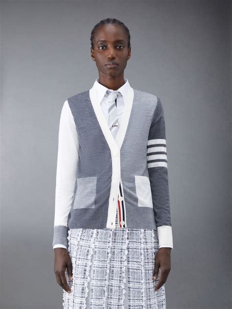 Fun Mix Fine Merino Bar Relaxed V Neck Cardigan Thom Browne