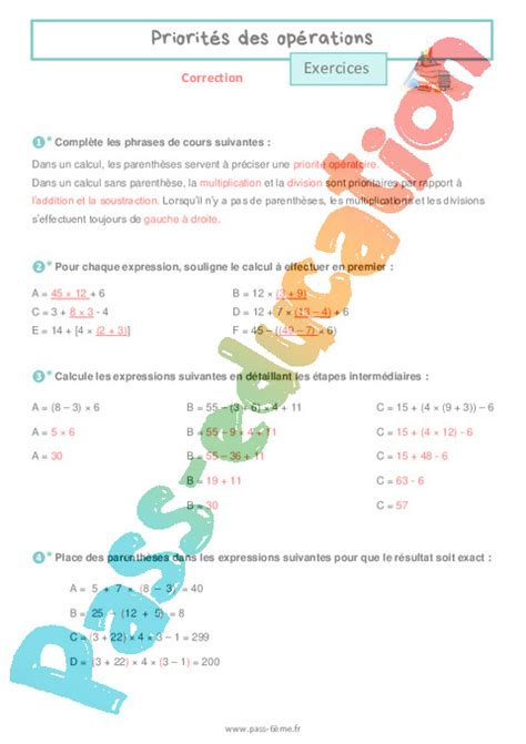 Priorités des opérations Exercices de nombres et calculs pour la 6ème