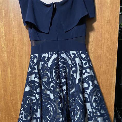 Xscape Women S Navy And White Dress Depop