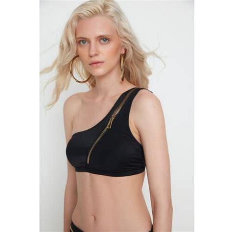 Trendyol X Moeva Black Zipper Detailed One Shoulder Bikini Top