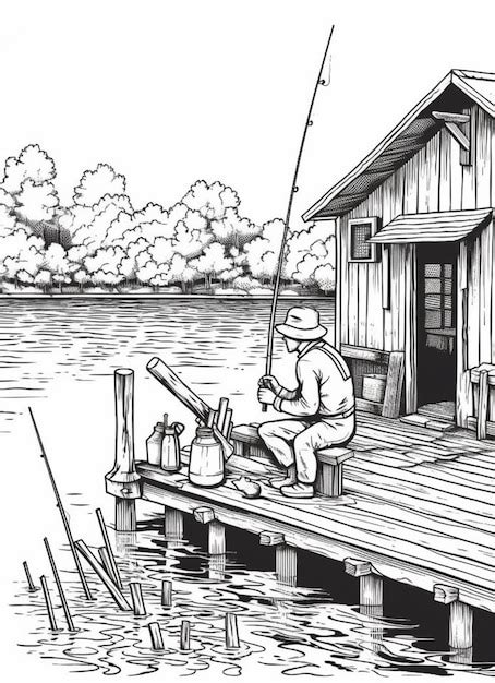 Premium Ai Image A Drawing Of A Man Fishing On A Dock With A Boat