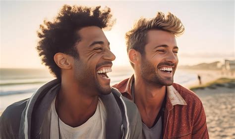 Jovem Casal Gay Sorrindo Feliz Respirando Na Praia Imagem Premium
