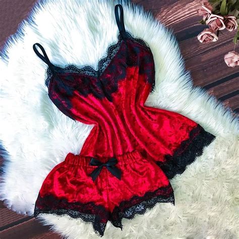 New Women Sexy Lingerie Camisole Bow Shorts V Neck Tops Velvet Pajamas Sleepwear New In Womens