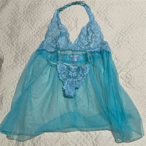 Victoria S Secret Intimates Sleepwear Nwot Lingerie Set Blue Lacesheer Gstring Panty