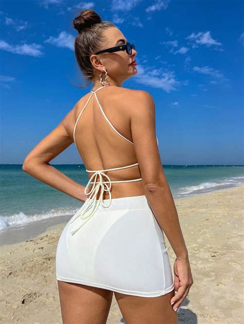 SHEIN Swim Solid Color Criss Cross Backless 3D Rosette Decor Halterneck Separated Bikini Set