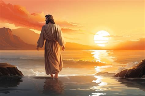 Premium Ai Image Jesus Walking On The Beach At Sunset