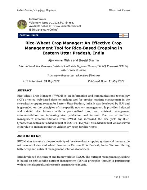 Pdf Rice Wheat Crop Manager An Effective Crop Management Tool For Rice Based Cropping In