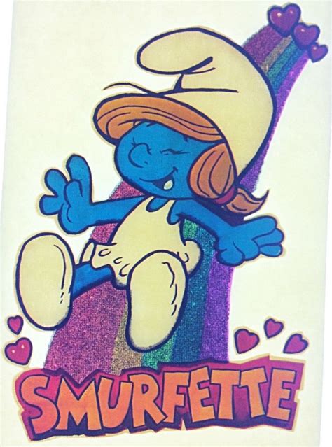 Original Vintage 80s Smurfette Sliding Down Rainbow Iron On Transfer