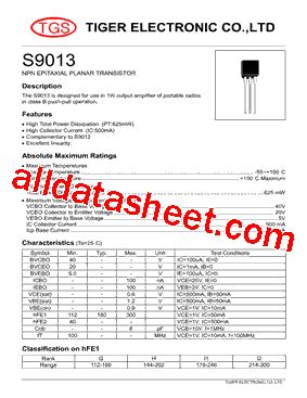 S9013 Datasheet(PDF) - Tiger Electronic Co.,Ltd