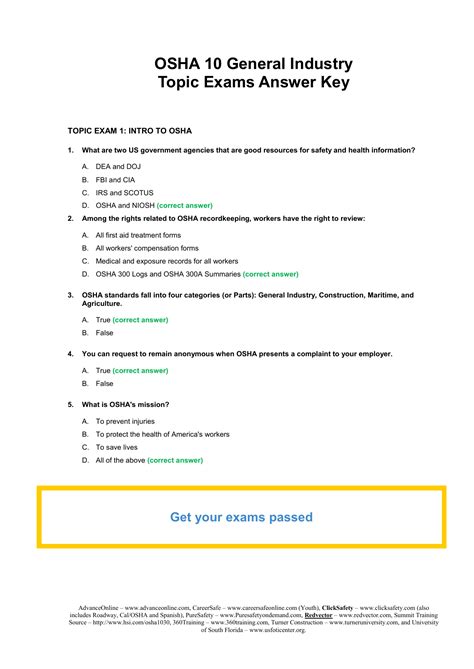 OSHA 10 General Industry Test Answer Key