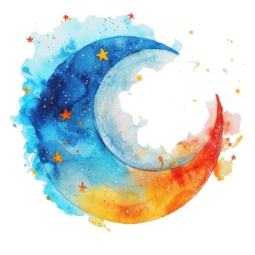 Colorful Moon And Stars Watercolor Painting Moon Stars Universe PNG