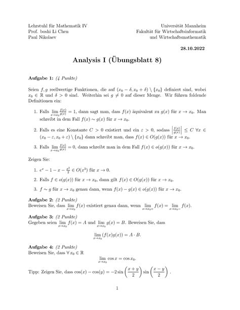 Uebungsblatt 08 Übungsblatt Lehrstuhl f ur Mathematik IV Universit